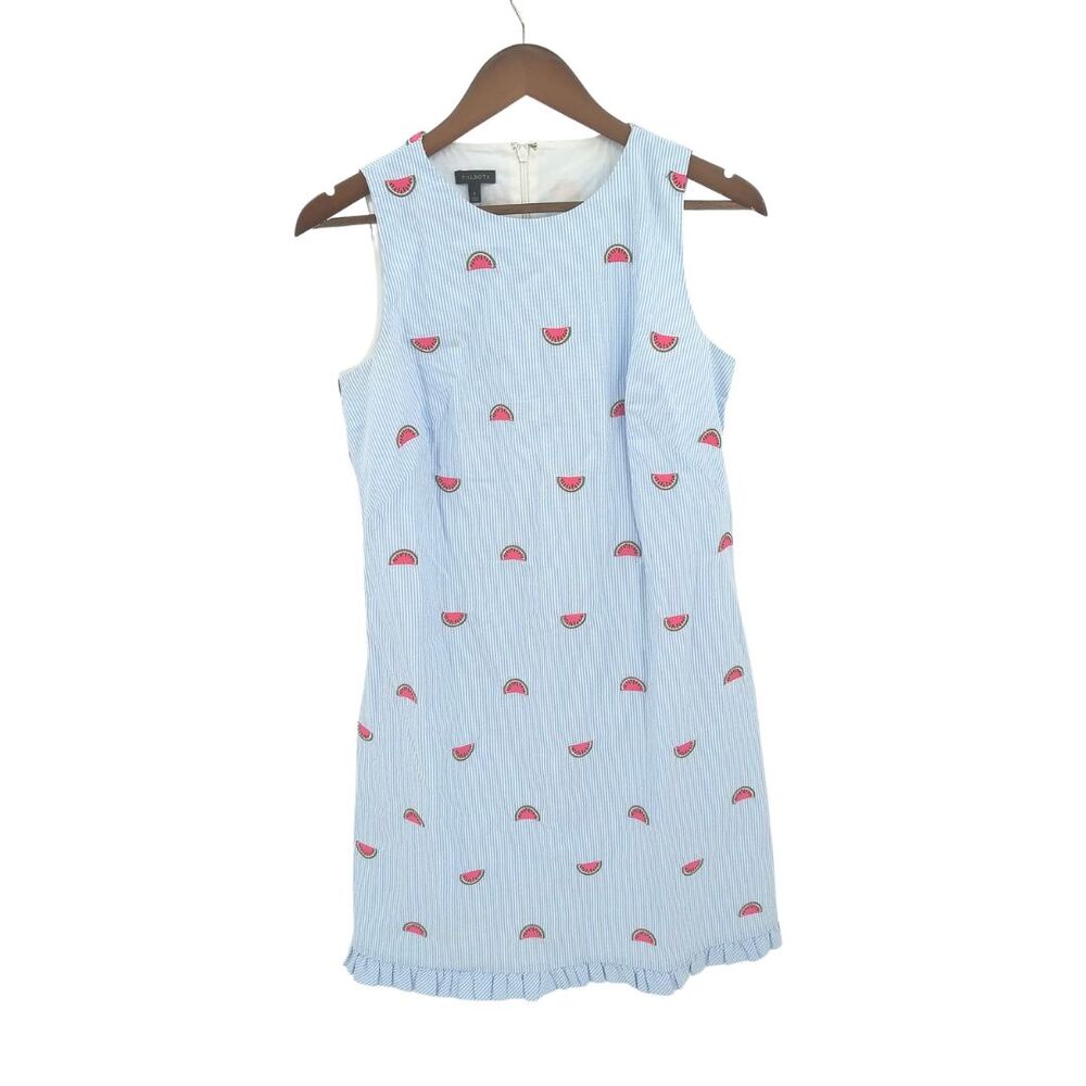 Talbots Blue & White Seersucker Embroidered Watermelon Print Shift Dress Sz 6 - Picture 5 of 11